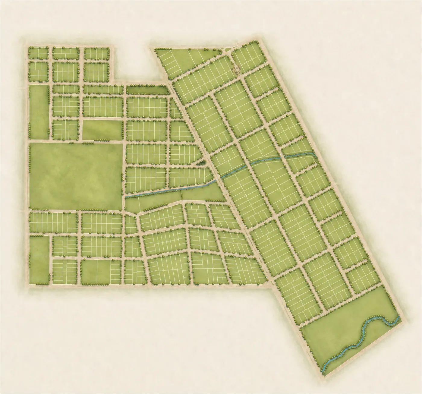 Masterplan completo del barrio La Cañada en City Bell, con calles arboladas y la cañada