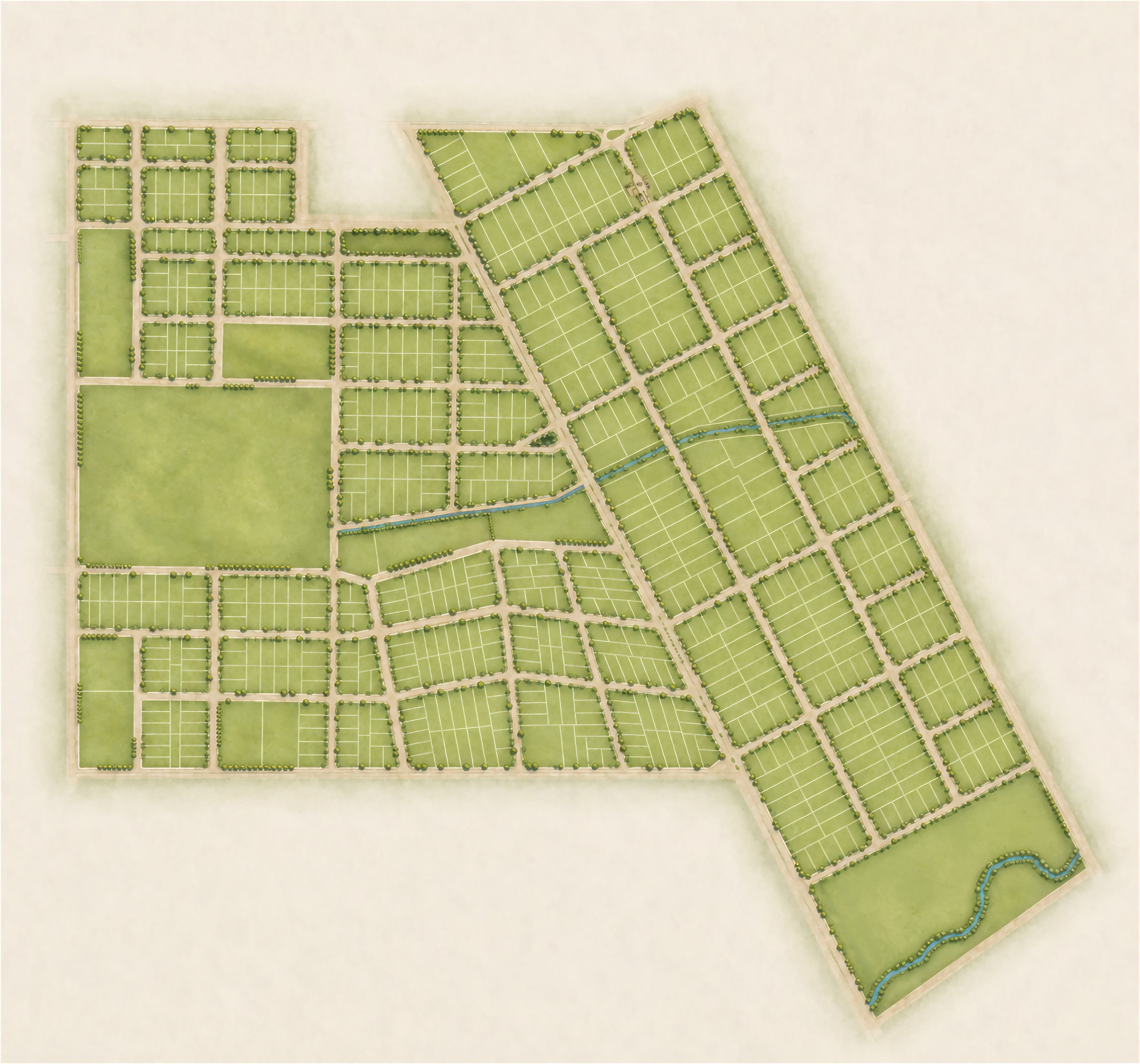 Masterplan ilustrado del barrio La Cañada en City Bell, con calles arboladas y la cañada